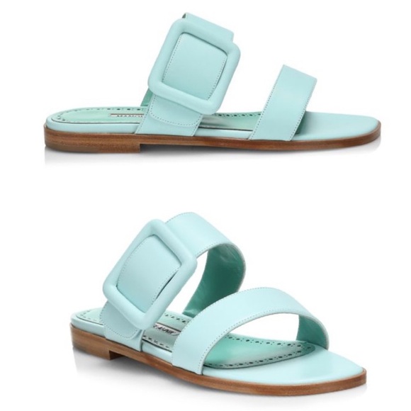 Manolo Blahnik Shoes - MANOLO BLAHNIK Tituba Buckle Slide Sandals Light Blue With Box Dust Bag Size 41